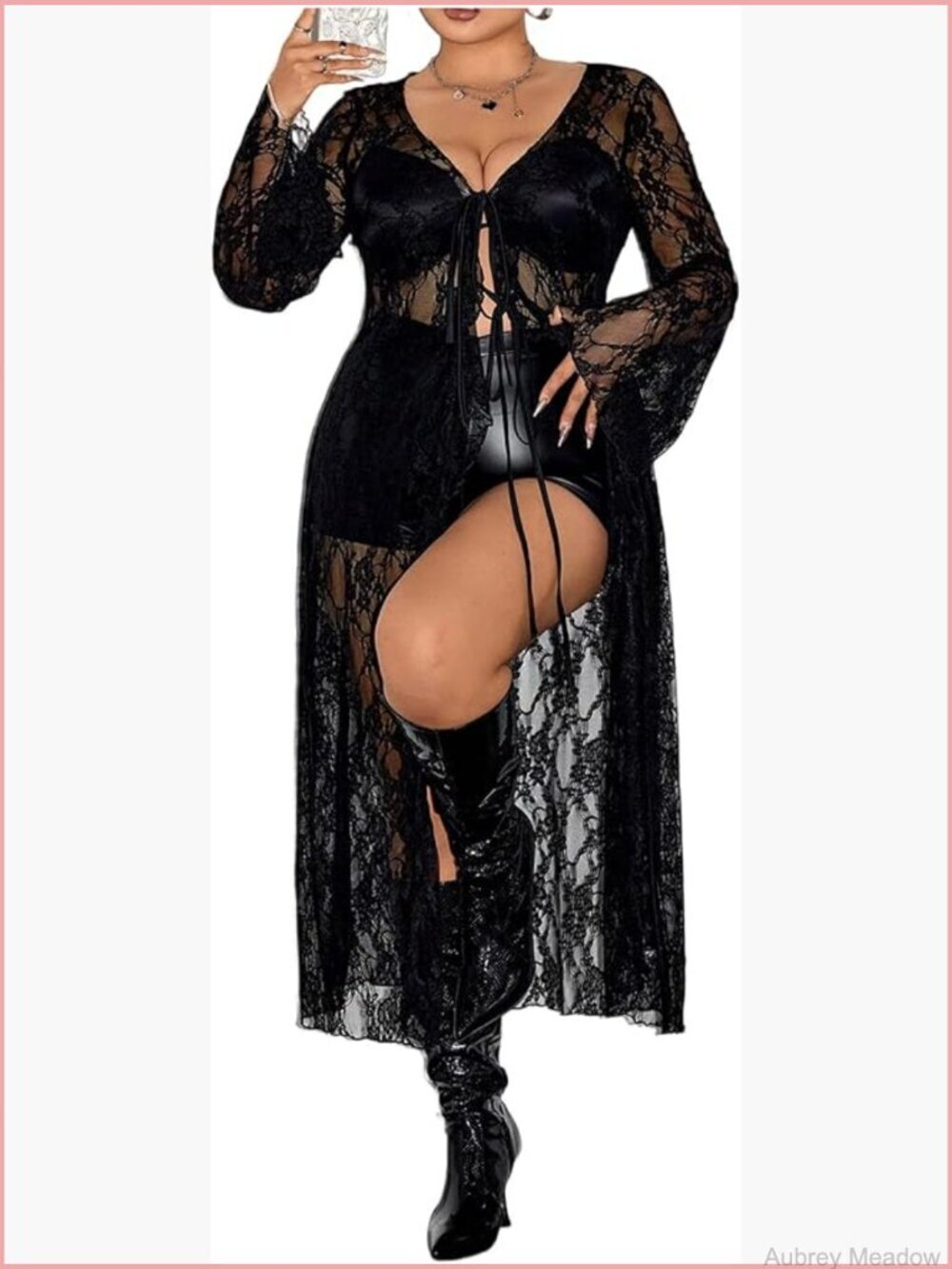 Plus Size Lace Duster Cardigan Tie Front Bell Sleeve Long Kimono Outerwear